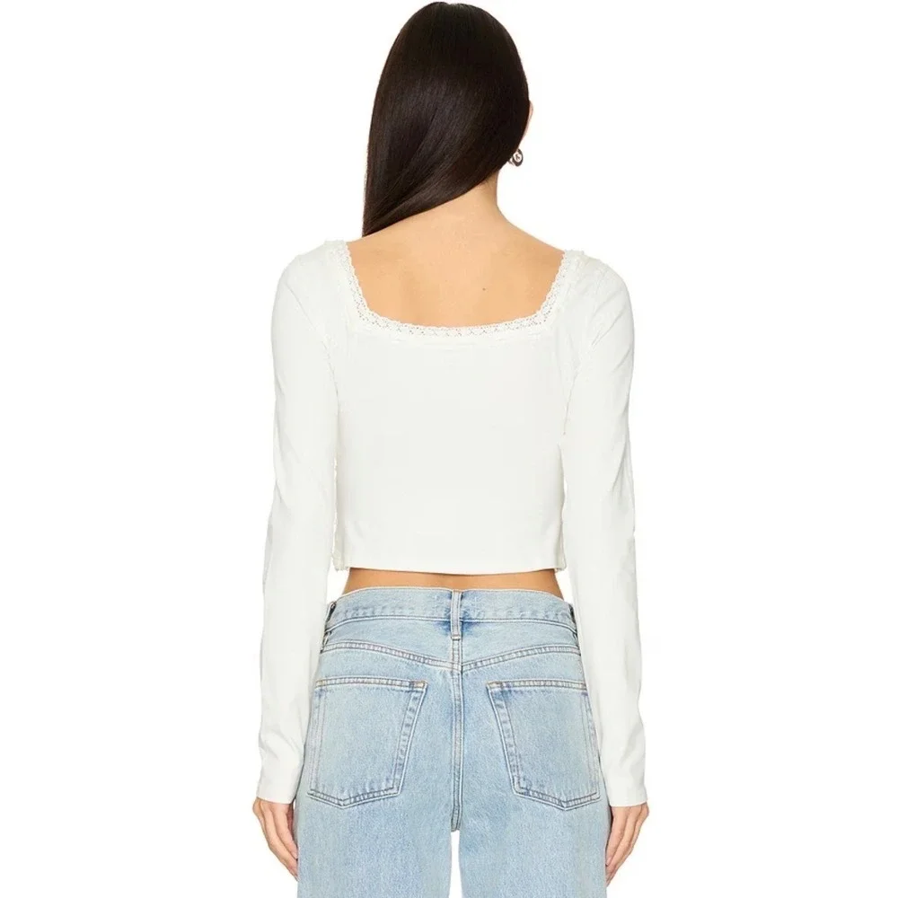 Free People Ivory Lace Trim Long Sleeve Crop Top Square Neck White Medium NEW